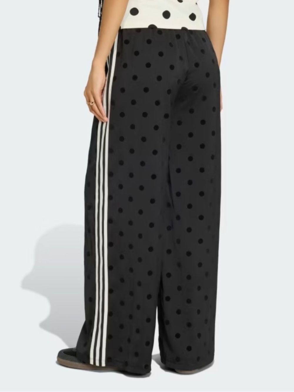 adidas Black Polka Dot Wide-Leg Track Pants with White Stripes - Picture 2 of 7